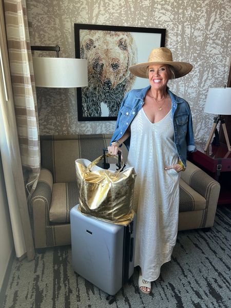 Promo code🚨
Save 20% with code DARCY20
For Elan & Quilted Koala 

What I wore traveling
This cute Elan maxi dress, with pockets and cami straps,  is so easy to wear and style. Has a metallic thread running through. Size down it runs big

Use promo code above

Kut from the Kloth Amelia jacket in light wash  tts

large metallic tote by quilt koala use tote above  perfect for travel and beach etc 
Use code above

Hat is lack of color and has been a favorite of mine for years!  It’s a must

Bracelets are Budha girl 

Suit case is Vera Bradley and so good

Valentino slides  tts 


#LTKItBag #LTKStyleTip #LTKTravel