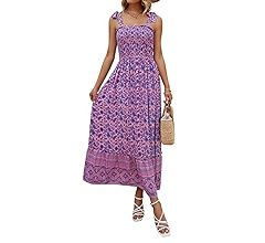 ZESICA Women's Boho Summer Floral Print Tie Straps Sleeveless Square Neck Smocked Flowy Ruffle A ... | Amazon (US)