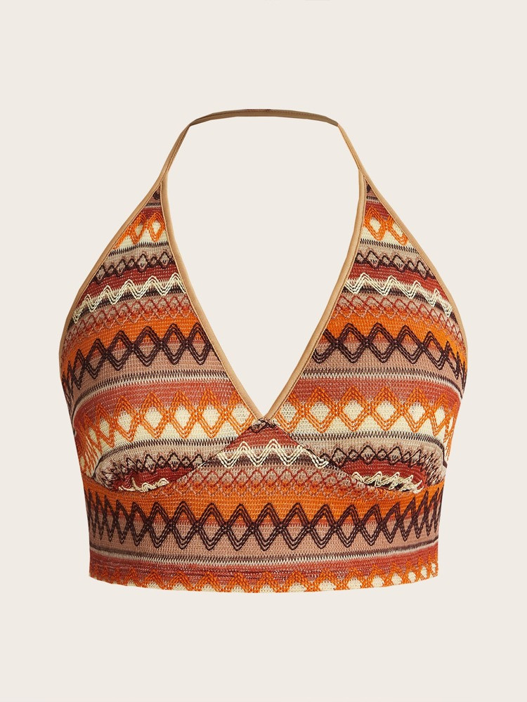 SHEIN ICON Plus Chevron Embroidery Contrast Binding Halter Top | SHEIN