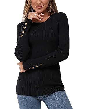 Newshows Women's Solid Long Sleeve Knit Crew Neck Button Stretch Casual Pullover Sweater | Amazon (US)