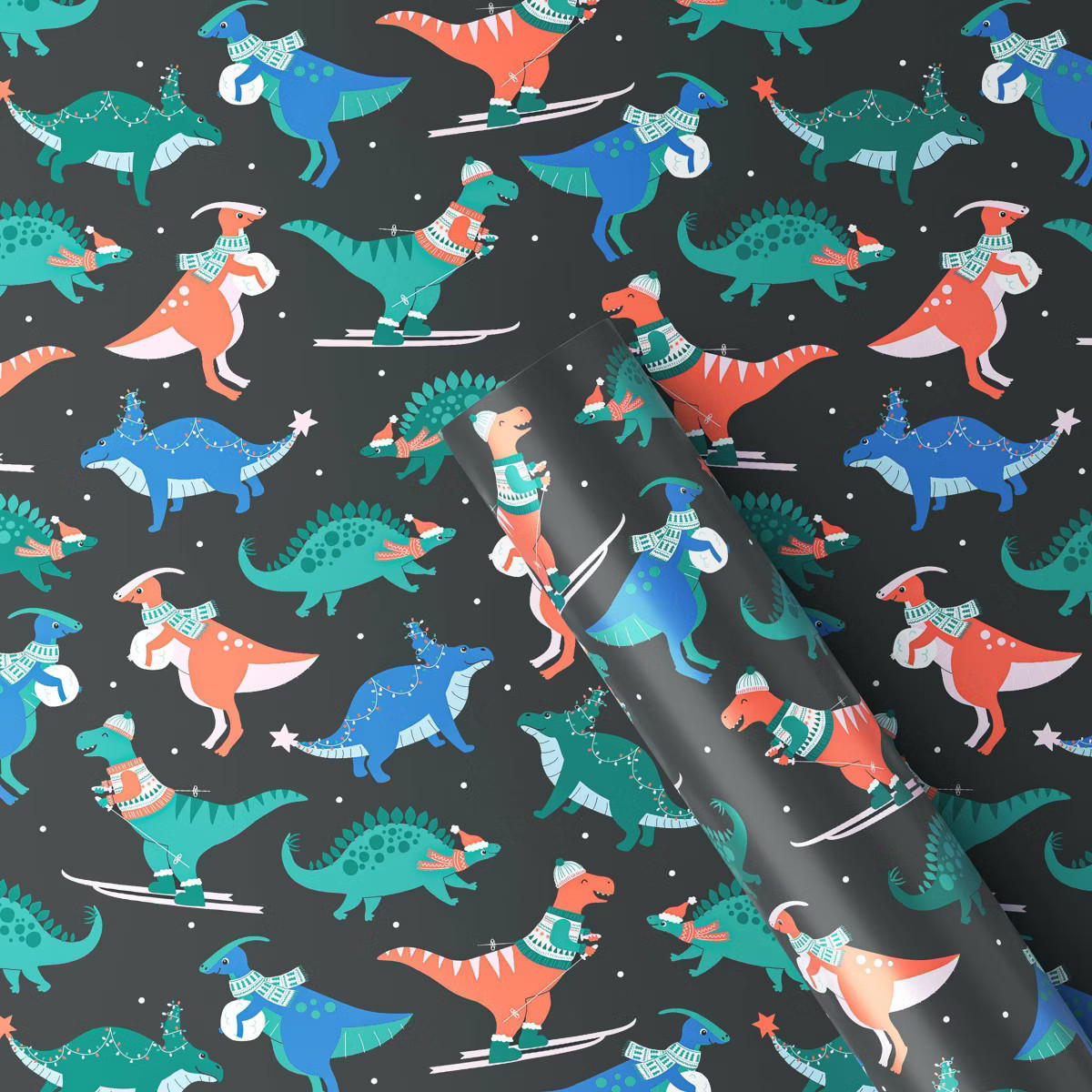 30" 50 sq ft Christmas Roll Wrap Dinosaurs on Black - Wondershop™ | Target