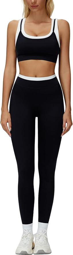 Women 2 Piece Workout U Back Color Block Sports Bra High Waist Active Leggings Yoga Pilates Outfi... | Amazon (US)