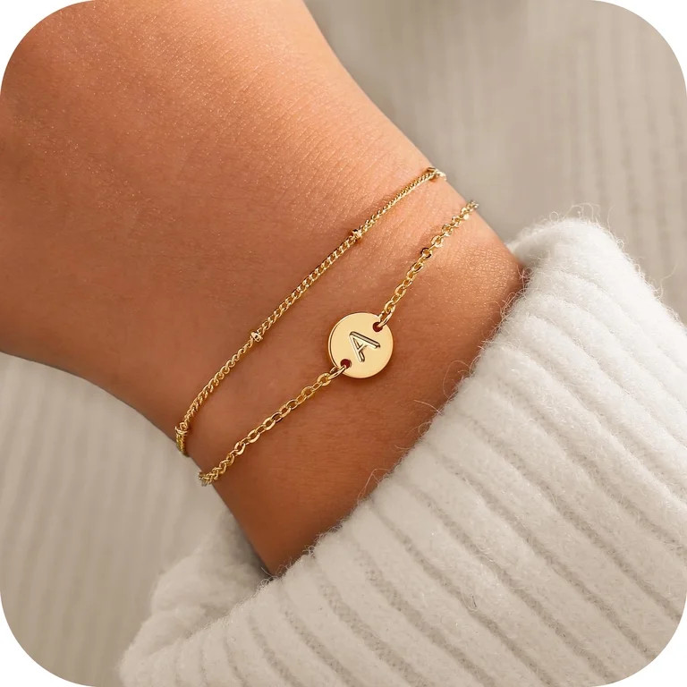 Turandoss 14K Gold Plated Dainty Charm Disc Layered Initial Link Bracelet for Women Letter A-Z Je... | Walmart (US)