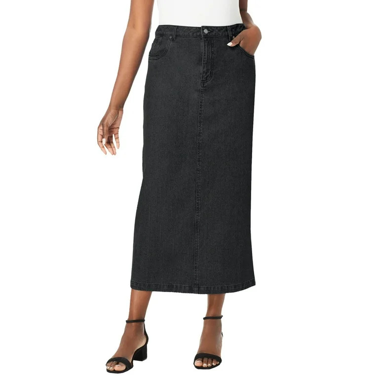 Jessica London Women's Plus Size Classic Cotton Denim Midi Skirt | Casual | Pockets | Long Pencil... | Walmart (US)