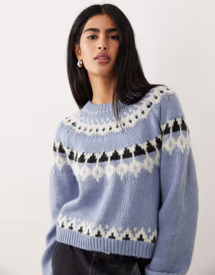 AWARE chunky wool mix fairisle knitted jumper in soft blue | ASOS (Global)