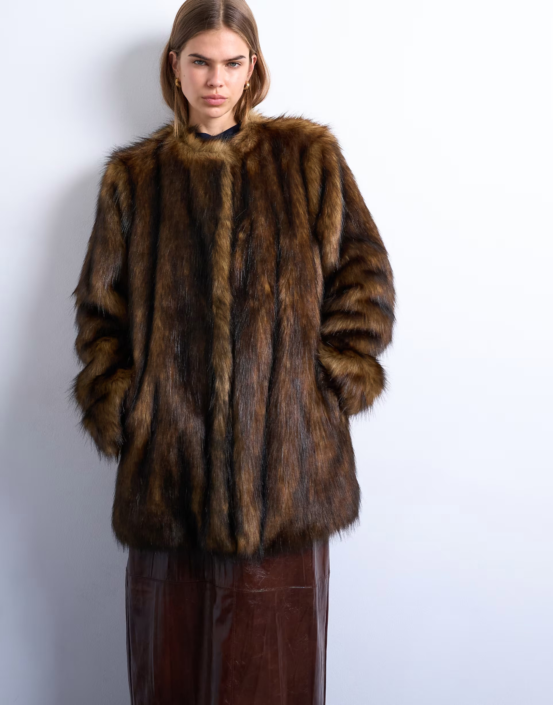 Topshop faux fur collarless mid length coat in ginger | ASOS (Global)