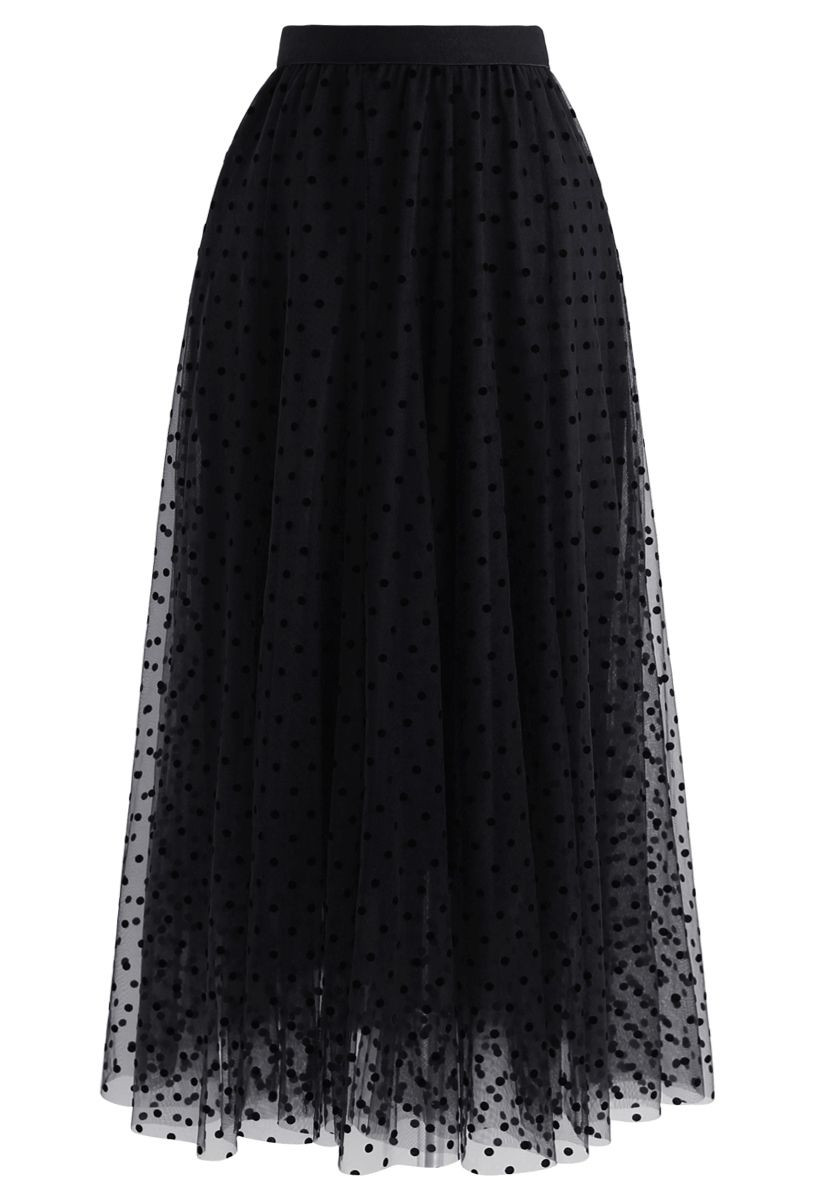 Full Polka Dots Double-Layered Mesh Tulle Skirt in Black | Chicwish
