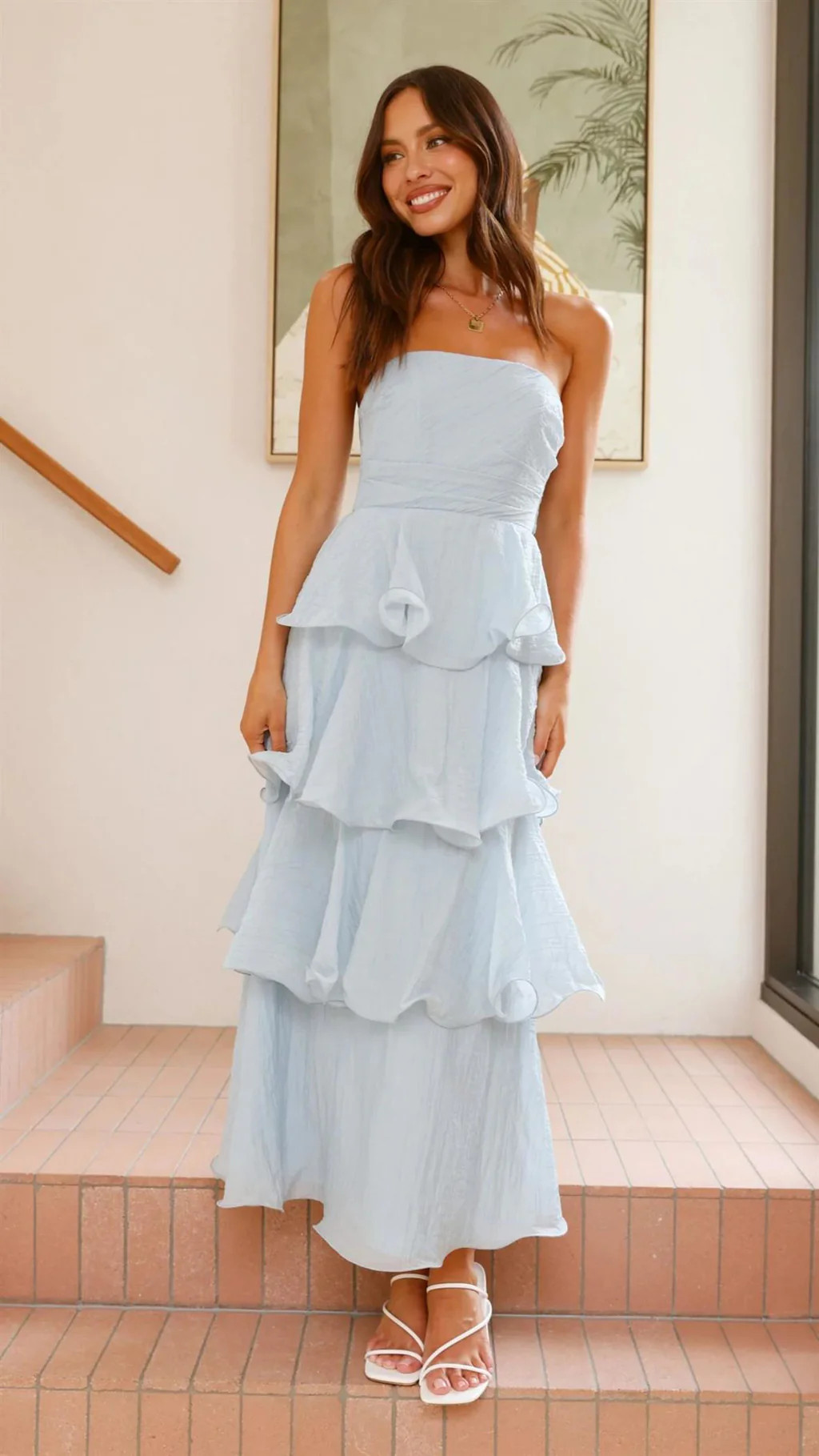 Gabby Maxi Dress - Pale Blue - Strapless Tiered Dress | Lady Black Tie