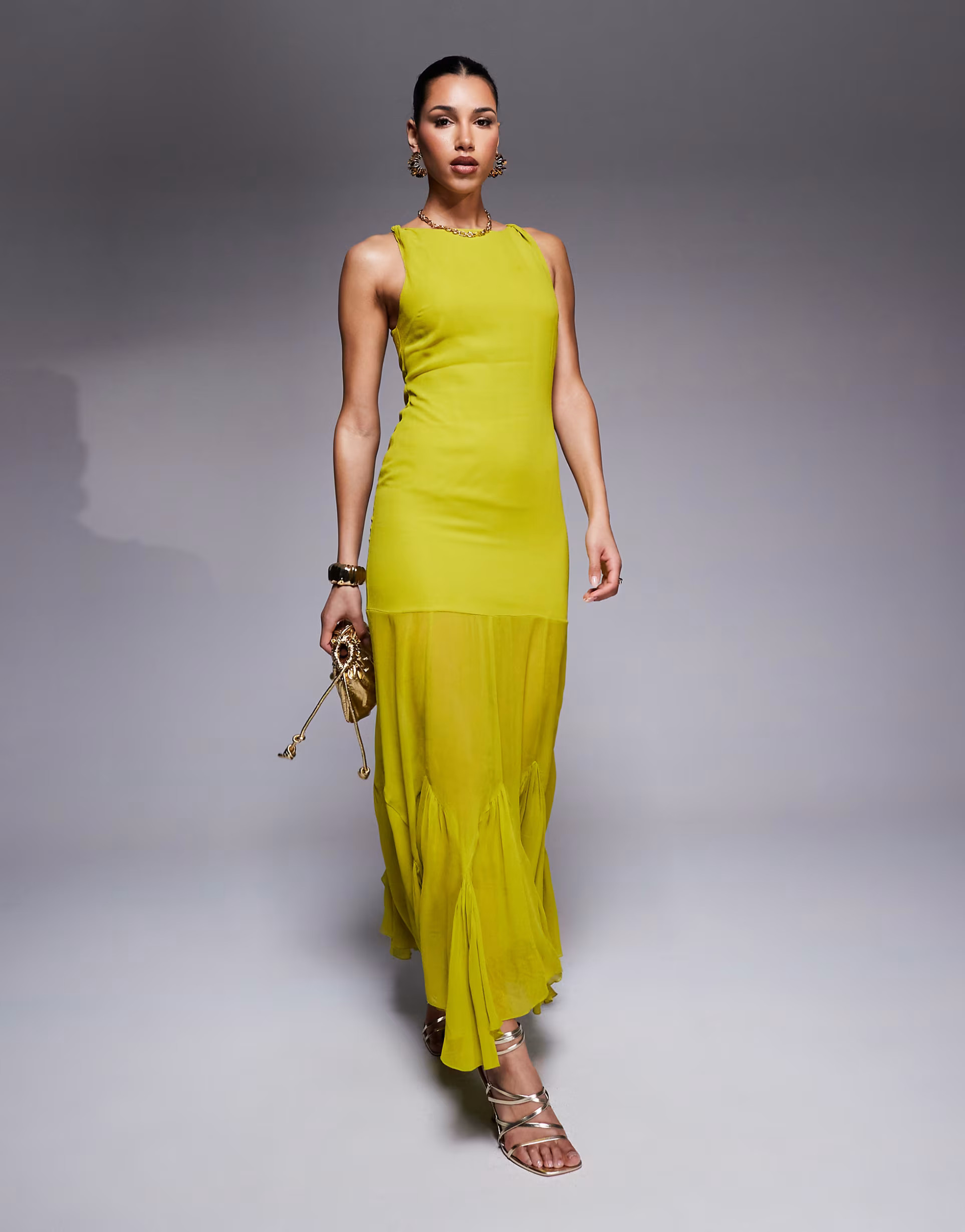 ASOS DESIGN dropped waist maxi dress witth full godet hem in lime green | ASOS (Global)