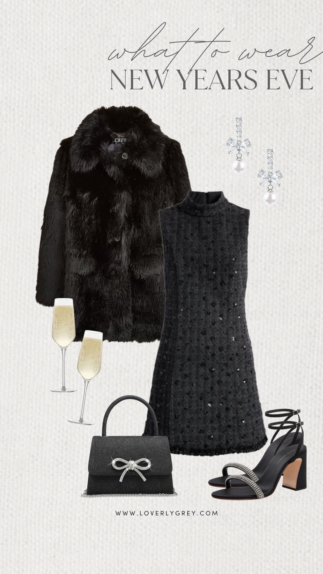 Loverly Grey, what to wear for New Year’s Eve! I am loving this sparkly black dress paired with a faux fur J.Crew jacket. Pair the look with a purse, simple heels, and fun earrings to complete the look. Loverly Grey, what to wear, New Year’s Eve 

#LTKgrwm #LTKSeasonal #LTKHoliday