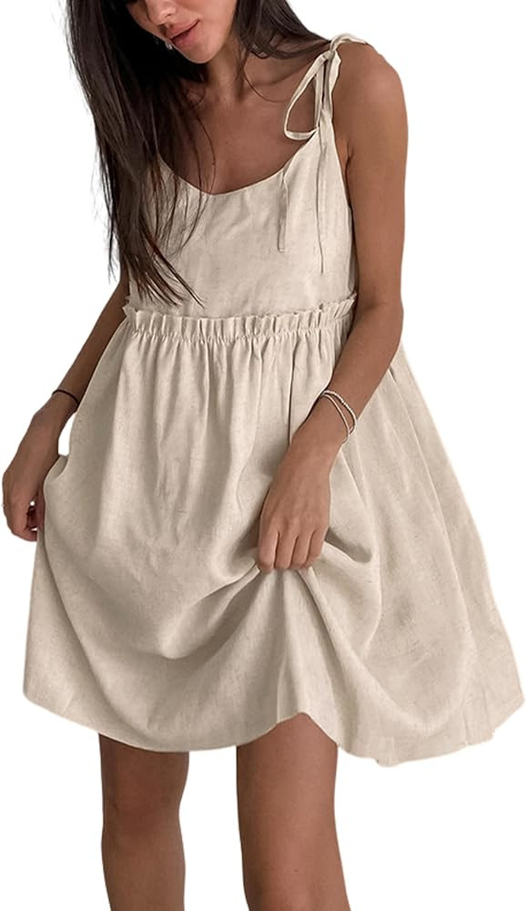 UANEO Summer Dresses for Women 2024 Cotton Linen Mini Sleeveless Tie Strap Dress Sundress | Amazon (US)