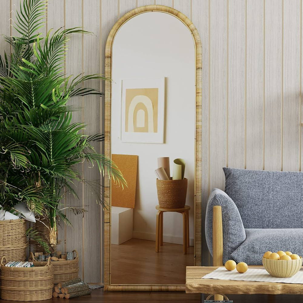 QUOAOT Arched Full Length Mirror, 63''x20'' Arched Floor Mirror, Rattan Frame Full Body Mirror Ho... | Amazon (US)