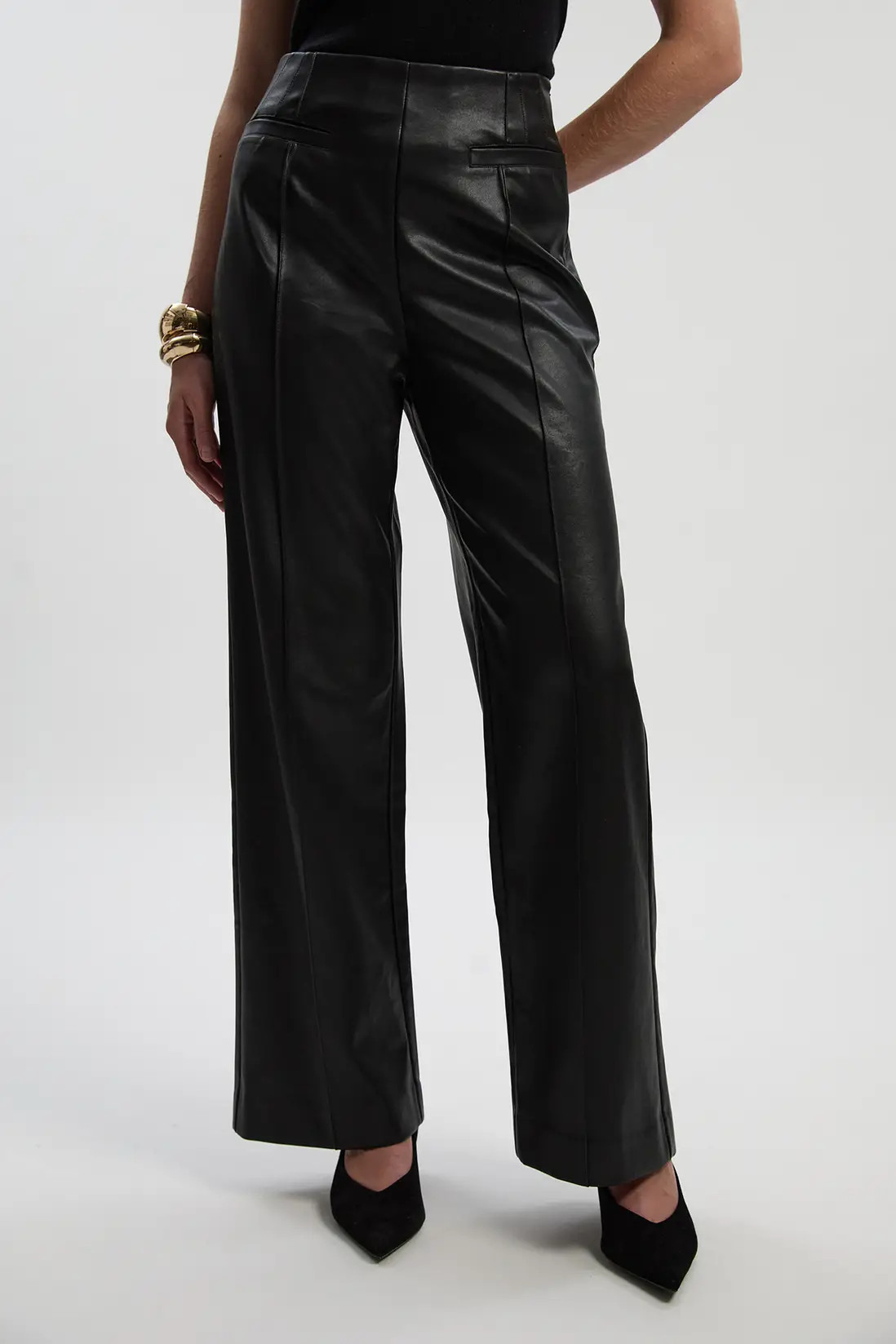 Black KarenMillen Petite Faux Leather Seam Detail Wide Leg Tailored Trouser | PrettyLittleThing U... | PrettyLittleThing US