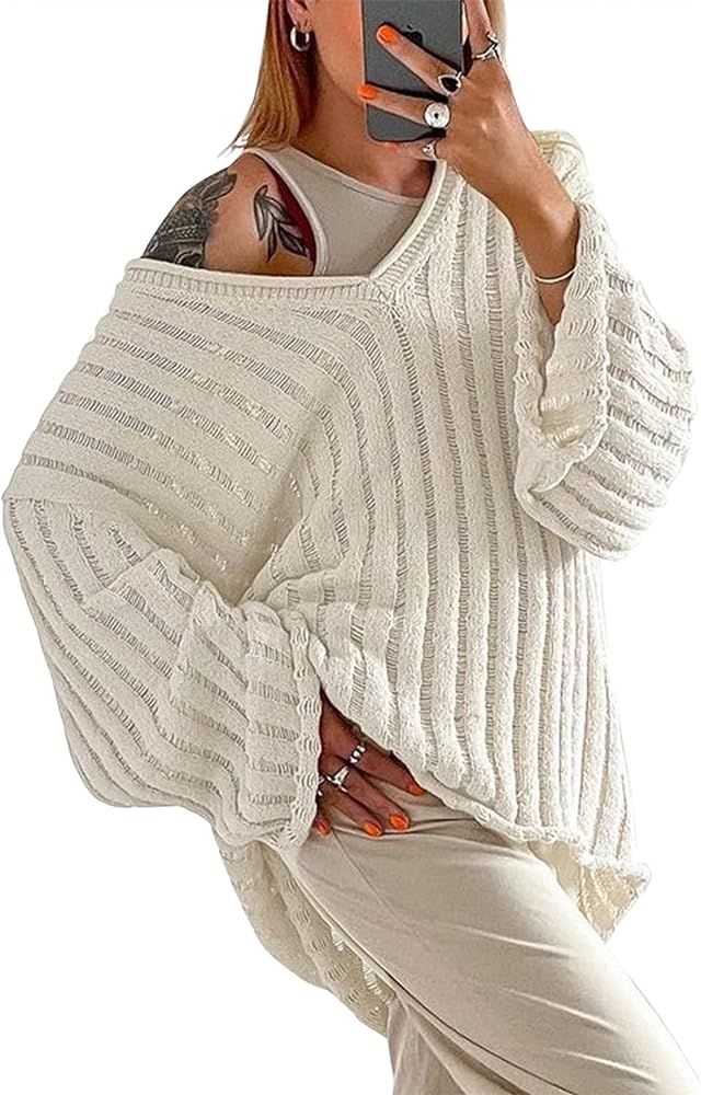 MISSACTIVER Women’s Oversized Long Sleeve Sweater Sexy V Neck Off Shoulder Knit Solid Drop Shou... | Amazon (US)