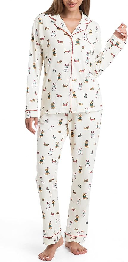 LUBOT Christmas Pajamas 100% Cotton Womens Pajamas Set 2 Piece Soft Button-Down Xmas PJs Set Slee... | Amazon (US)