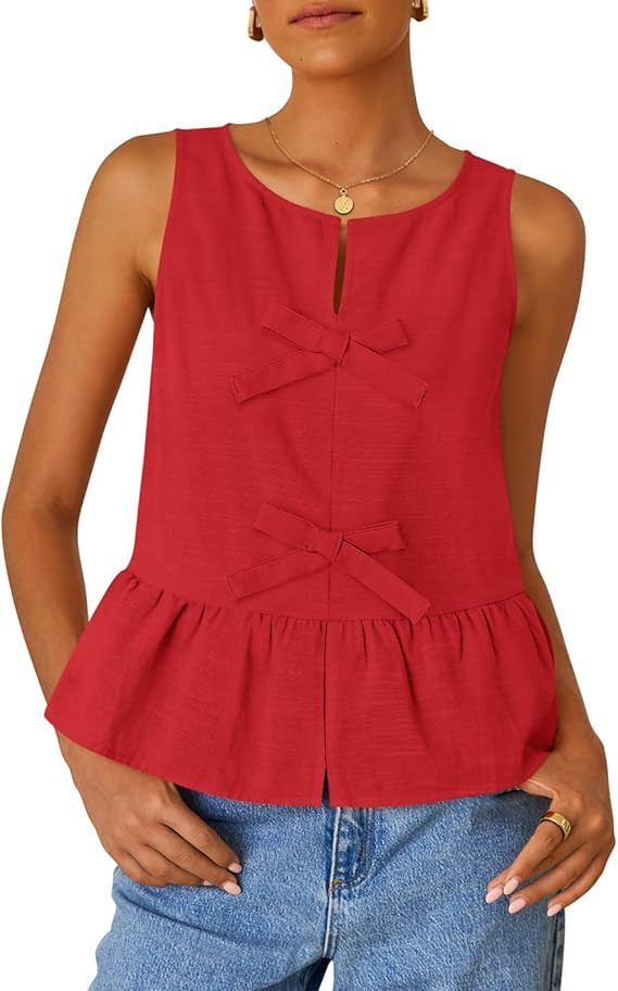 ZESICA Women's Summer Sleeveless Peplum Tank Tops 2026 Tie Front Crewneck Loose Flowy Ruffle Baby... | Amazon (US)
