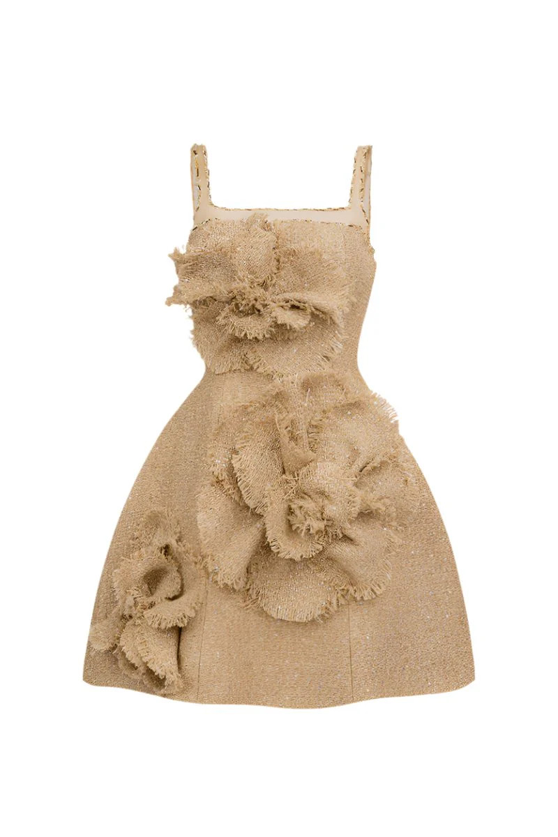 FLORAL TWEED MINI DRESS IN BEIGE | HAPPY CLOTHING | CULT MIA | CULT MIA UK LTD