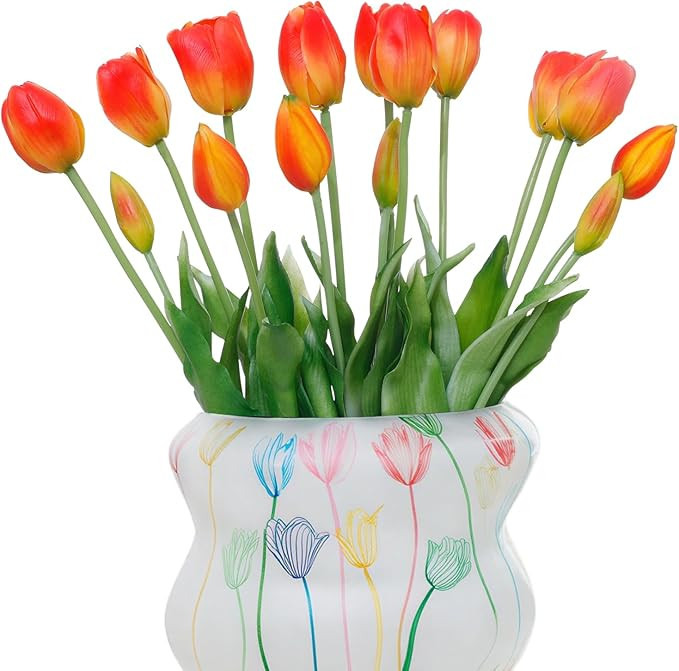 15pcs Orange Latex Artificial Tulips Faux Flowers with Natural Feel Petals Waterproof Fake Flower... | Amazon (US)