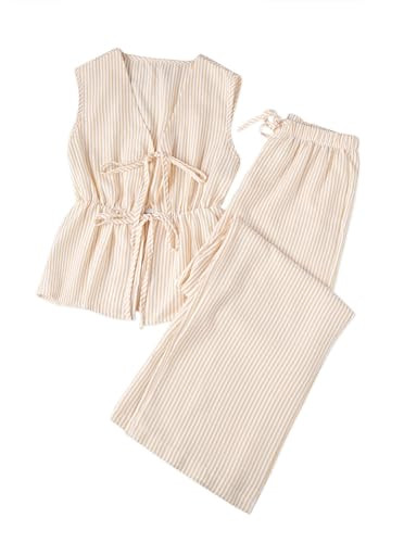 Remidoo Women's Striped 2 Piece Set Tie Front Peplum Tank Tops Wide Leg Pants Sets Yellow Large | Amazon (US)