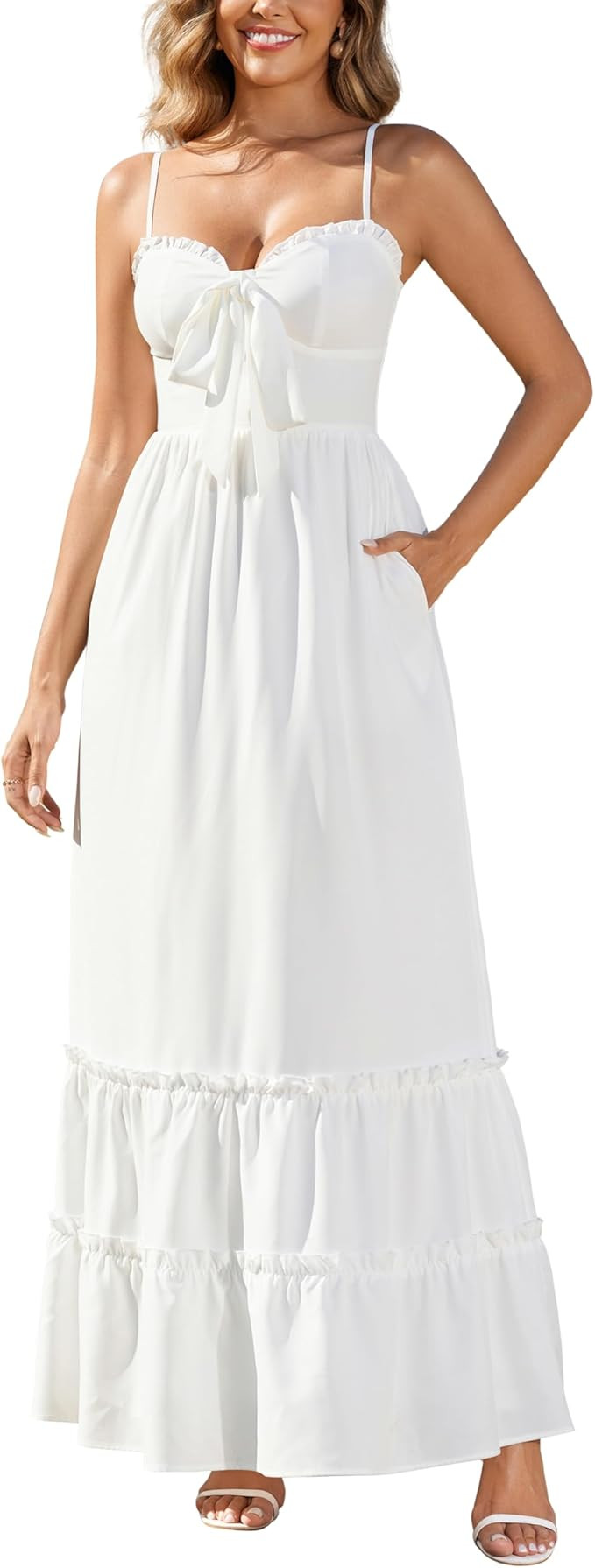 Womens Floral Front Tie Smocked Maxi Dress Spaghetti Strap Ruffled Tiered Summer Casual Boho Beac... | Amazon (US)