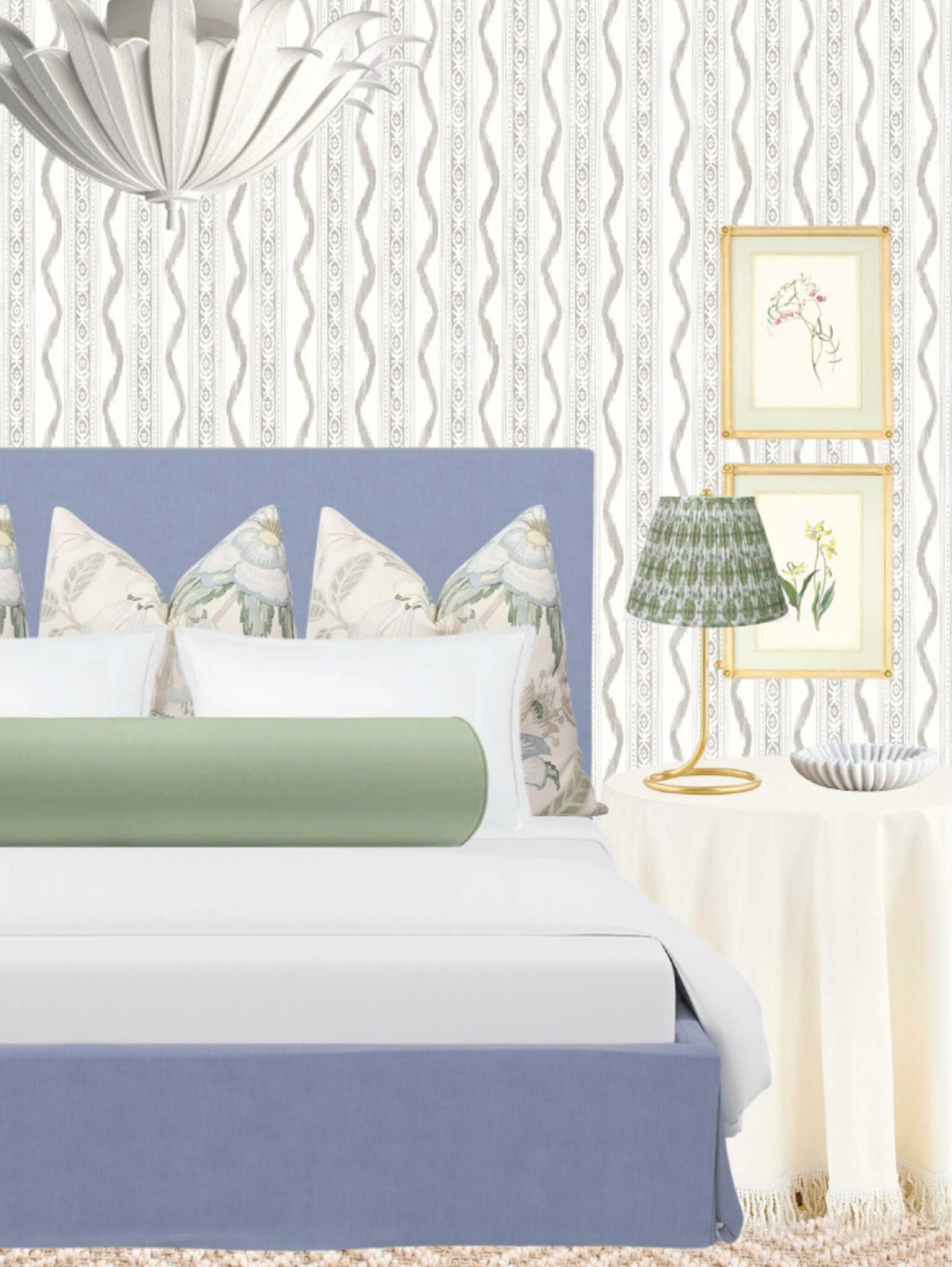 Master bedroom design!
Interior design inspo, blue upholstered bed, blue and white home, block print lamp shade, botanical art, table skirt, bolster pillow, wallpaper, flush mount, grandmillennial home, bedroom inspiration, marble bowl, nightstand styling

#LTKFind #LTKhome #LTKsalealert