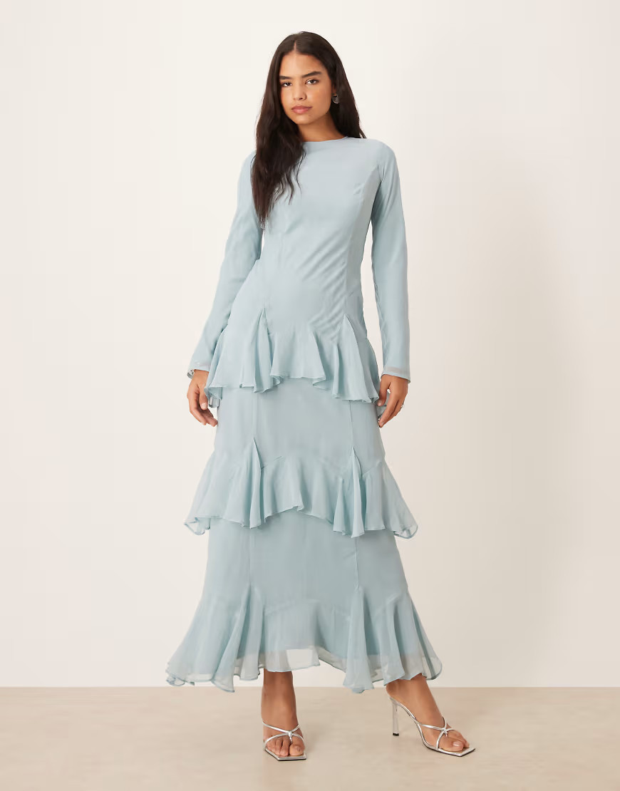 ASOS DESIGN long sleeve ruffle chiffon maxi dress in dusky blue | ASOS (Global)