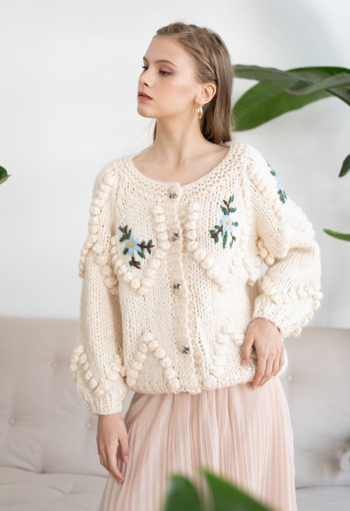 Floral Stitch Zig Zag Pom-Pom Hand Knit Cardigan | Chicwish