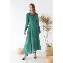 Flowy Chiffon Wrap Pleated Maxi Dress in Green | Chicwish
