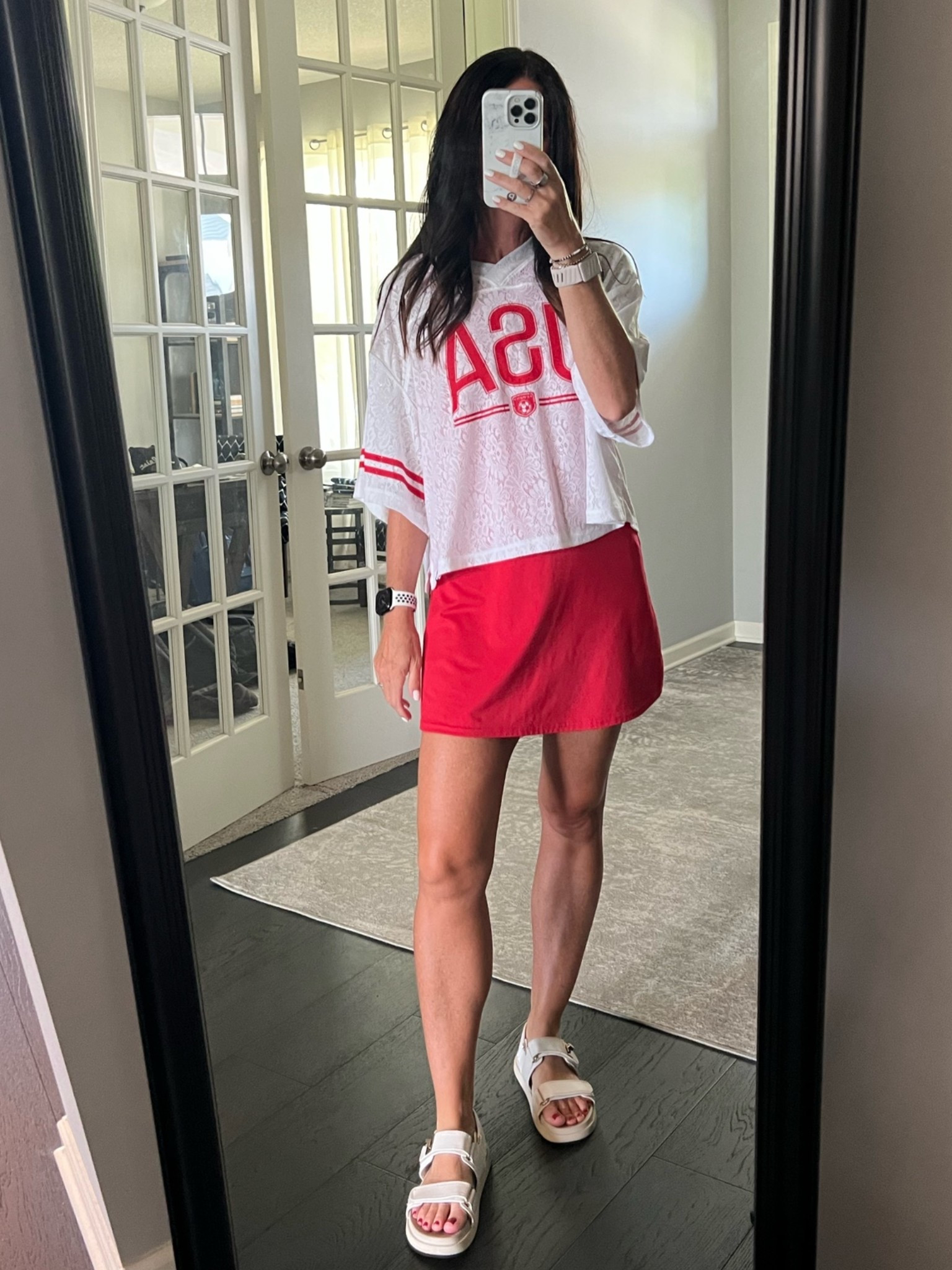 My FIFA World Cup USA jersey is a top seller! It’s a lace top with bright red USA print. Perfect for summertime and I’ve already worn it a few times with denim, these athletic shorts (my favorites) and over an athletic dress for a baseball game. Super oversized, I’m in an XS.

#LTKootd #LTKActive #LTKSaleAlert