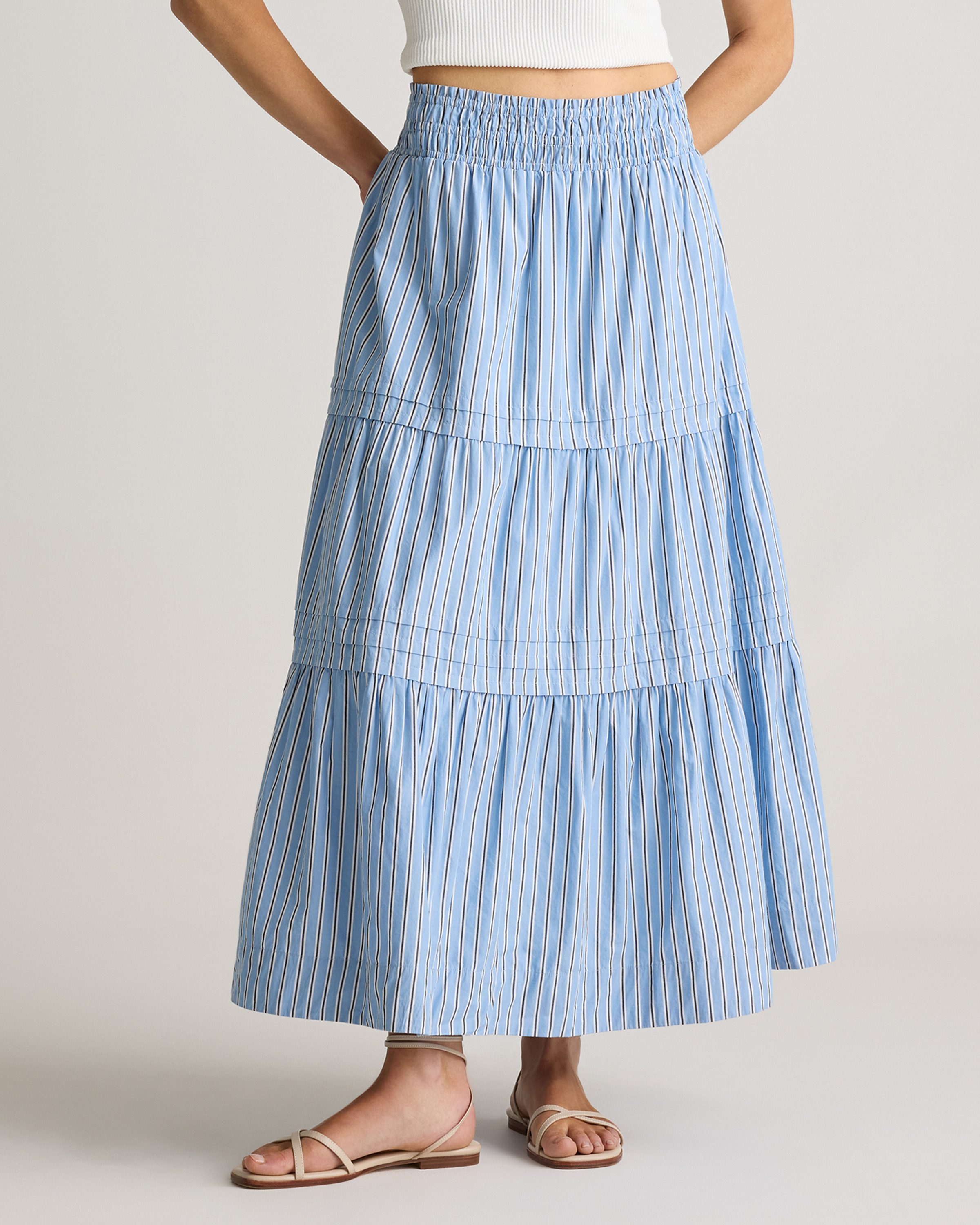 Quince | Women's Poplin Tiered Maxi Skirt in Tribeca Stripe, Size Small, Organic Cotton | Quince
