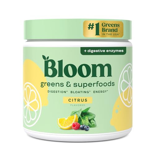 Bloom Nutrition Superfood Greens Powder, Digestive Enzymes with Probiotics and Prebiotics, Gut Health, Bloating Relief for Women, Chlorella, Green Juice Mix with Beet Root Powder, 30 SVG, Citrus | Amazon (US)
