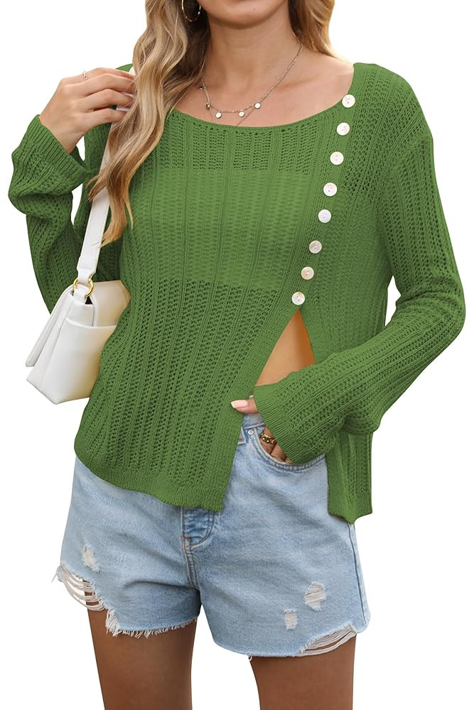 Womens Lightweight Sweaters Front Split Hem Button y2K Cute Fall Crochet Sweater Off Shoulder Fal... | Amazon (US)