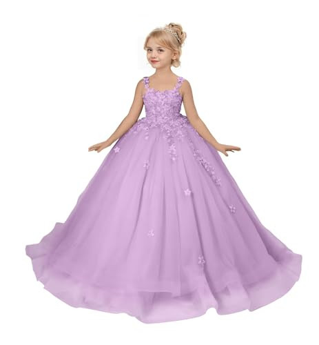 HCHUANG Boat Neck Flower Girl Dress for Wedding Tulle Lace Appliques Lilac Princess Pageant Dress Puffy First Communion Dresses Size 10 | Amazon (US)