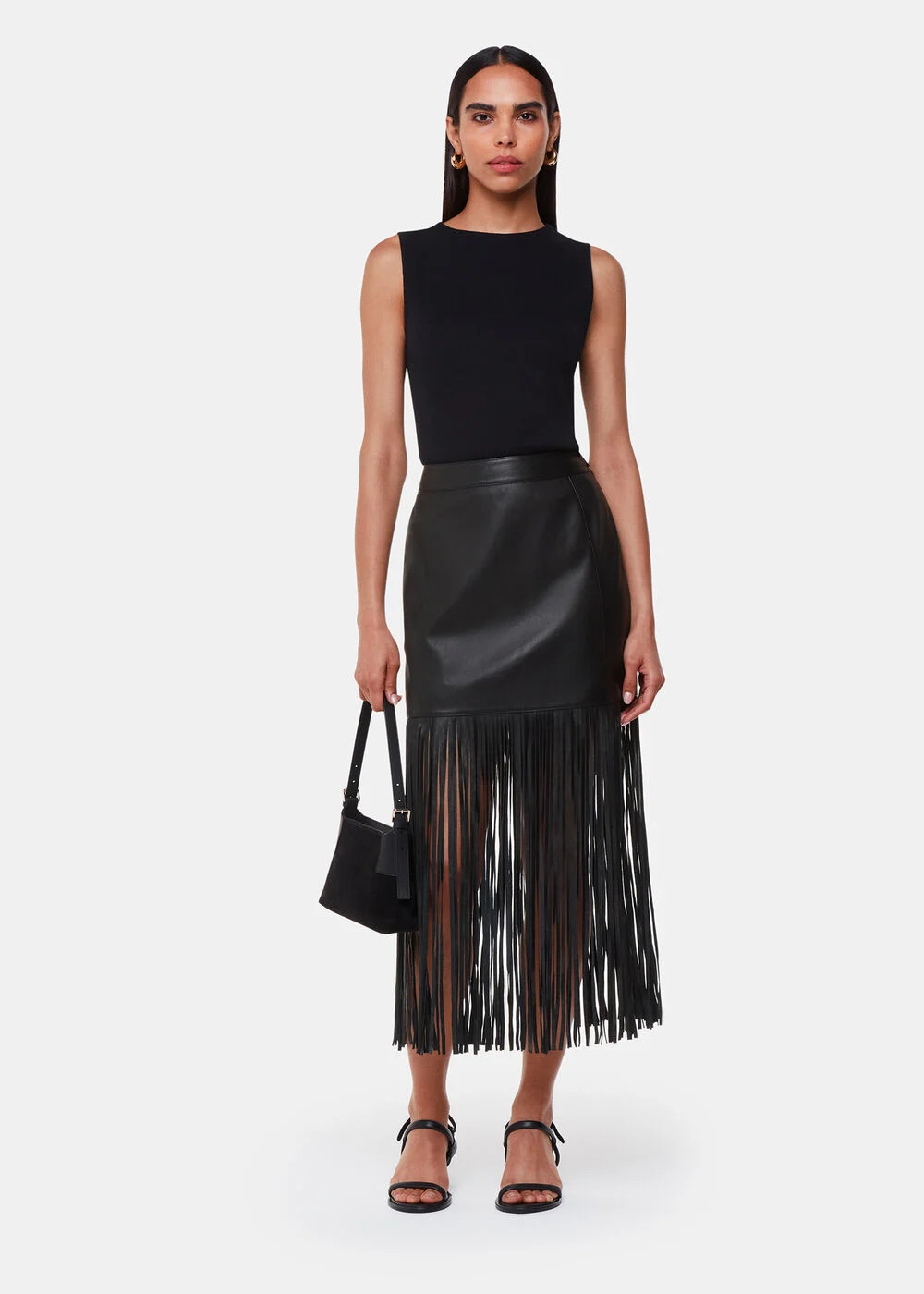 Black Leather Fringed Mini Skirt | WHISTLES | Whistles UK | | Whistles