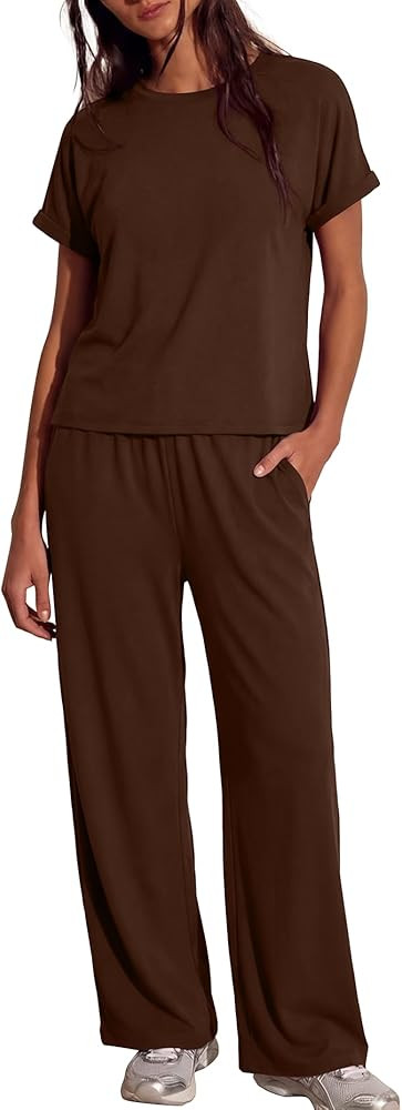 Darong Womens Lounge Set 2 Piece Outfits Casual Loose Fit Short Sleeve Tops and Wide Leg Pants Tr... | Amazon (US)