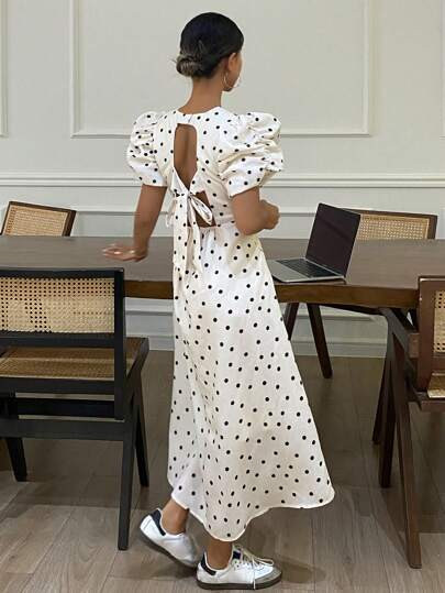 Livesso Polka Dot Puff Sleeves Backless Tie-Up Long-Line Short Sleeve Women's Dress Summer,Ruffle... | SHEIN