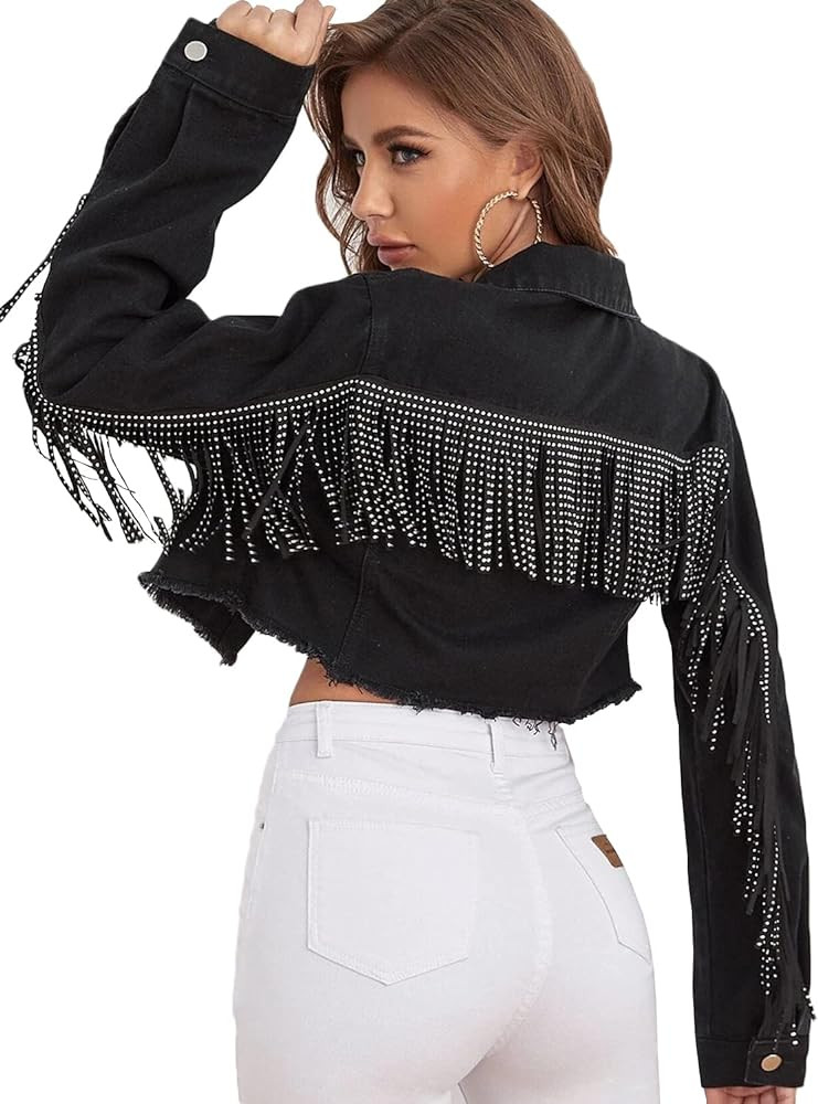 Women's Fringe Jean Jacket Tassel Distressed Ripped Crop Denim Jackets | Amazon (US)