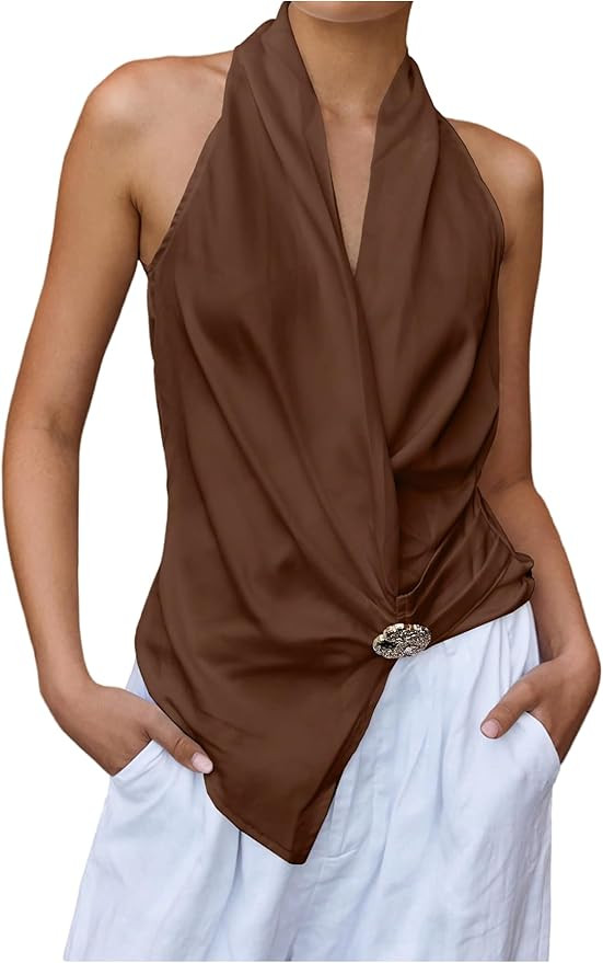 MakeMeChic Women's Summer Draped Halter Tops Blouse Sleeveless Elegant Business Tank Tops | Amazon (US)