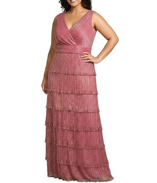Plus Size Crinkled Lurex Mesh V-Neck Sleeveless Tiered Gown | Dillard's