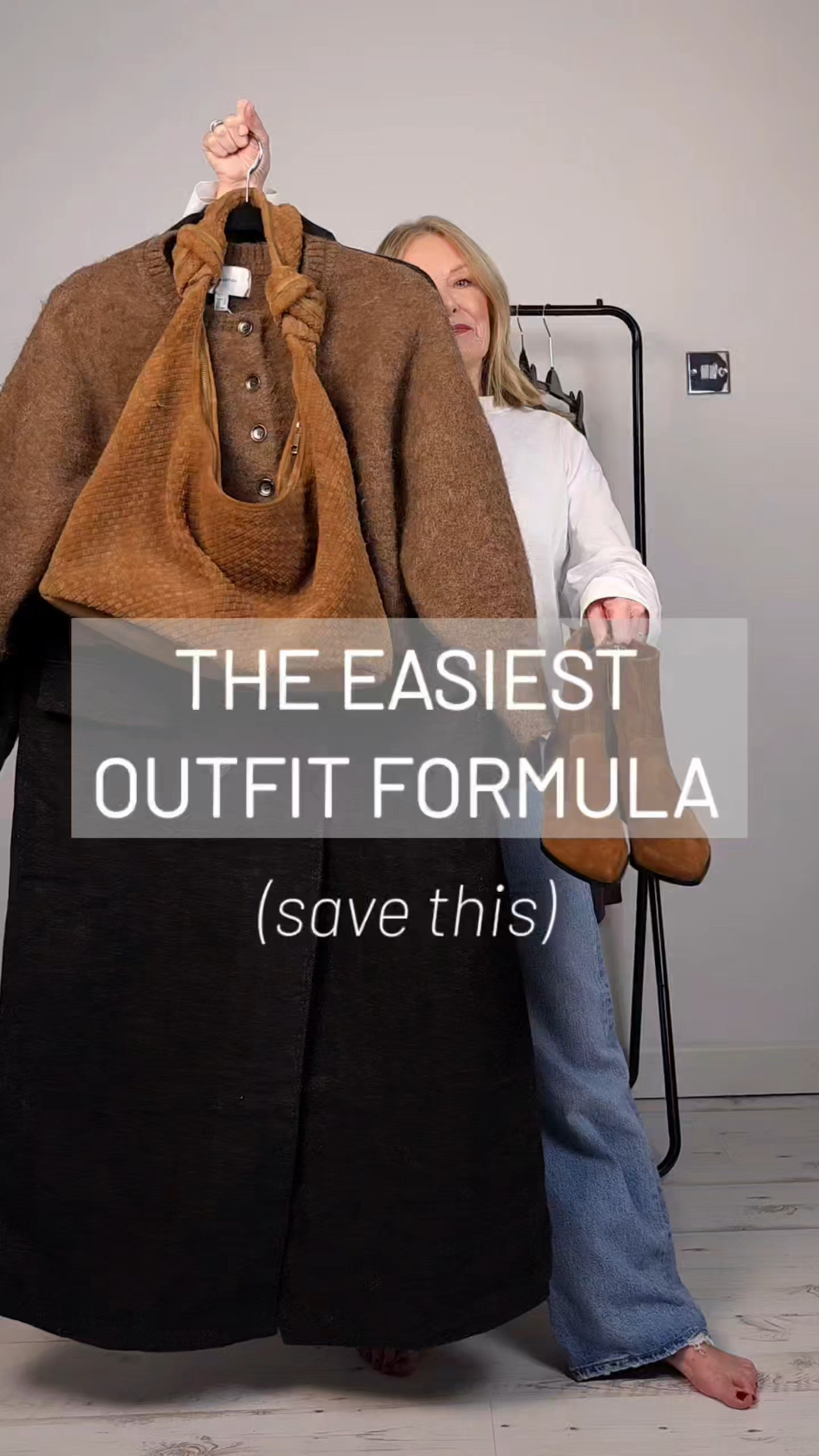 Oversized brown double breastfed coat - blue wide straight jeans  - white t-shirt - tan mohair cardigan - tan suede boots - tan suede bag

#LTKuk #LTKwinter #LTKpetite