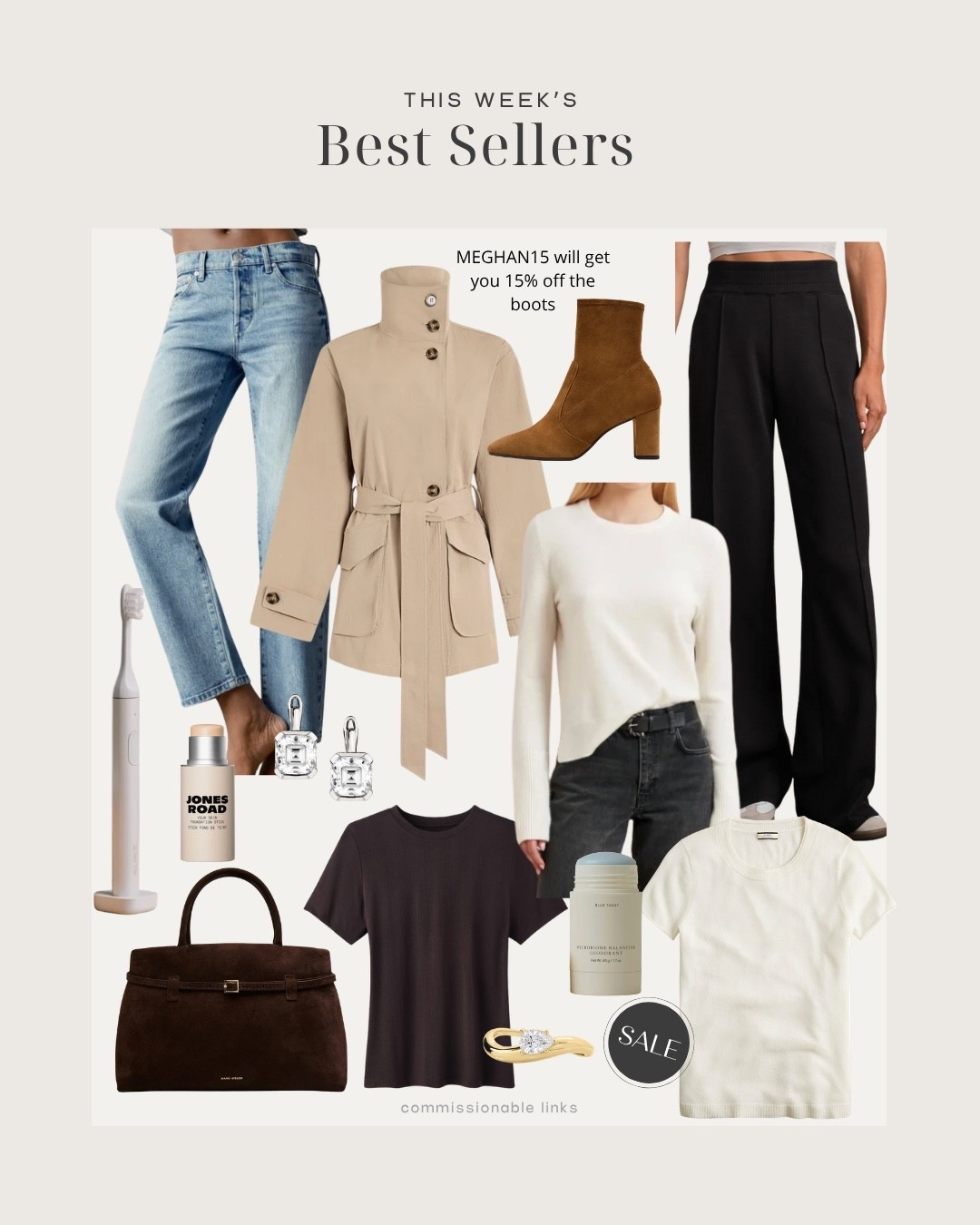 This week’s bestsellers 

Funnel neck trench
Black travel pants
Cashmere tee
Chocolate suede work tote

#LTKSeasonal #LTKTravel