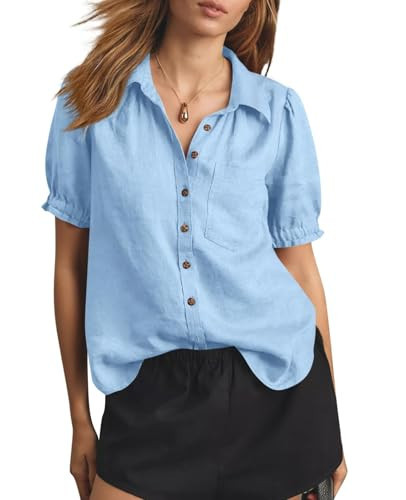 Cicy Bell Womens Puff Short Sleeve Button Down Shirts Summer Casual Collared V Neck Blouse Linen Loose Fit Work Tops Sky Blue | Amazon (US)