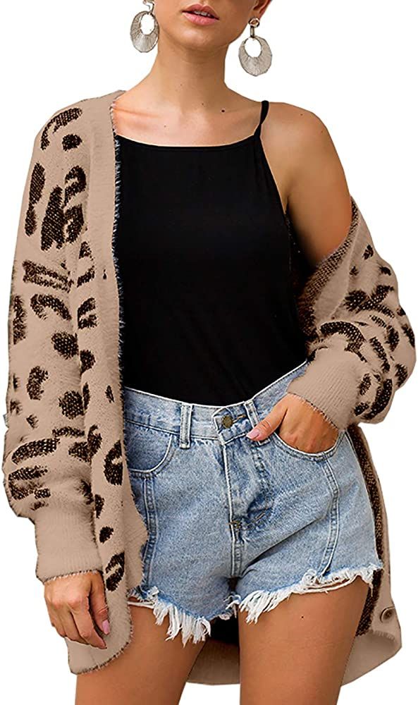 BTFBM Women Fashion Leopard Print Button Down Long Sleeve Soft Loose Knit Sweater Cardigan Coat Fall | Amazon (US)