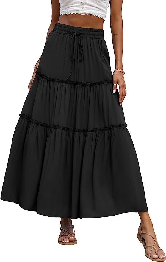 KIRUNDO Women's Casual High Elastic Waist Plaid Maxi Skirt A-Line Tiered Ruffle Flowy Swing Pleat... | Amazon (US)