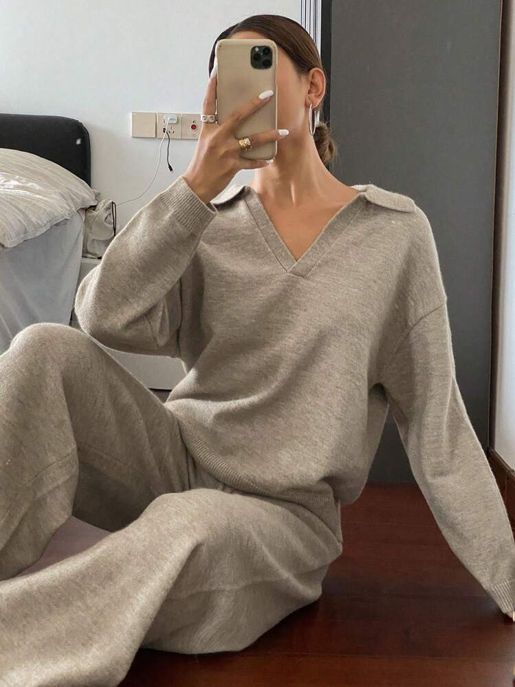 DAZY 2pcs Set Women's Solid Color Drop Shoulder Sweater And Wide-Leg Knit Pants Casual Loose Outf... | SHEIN