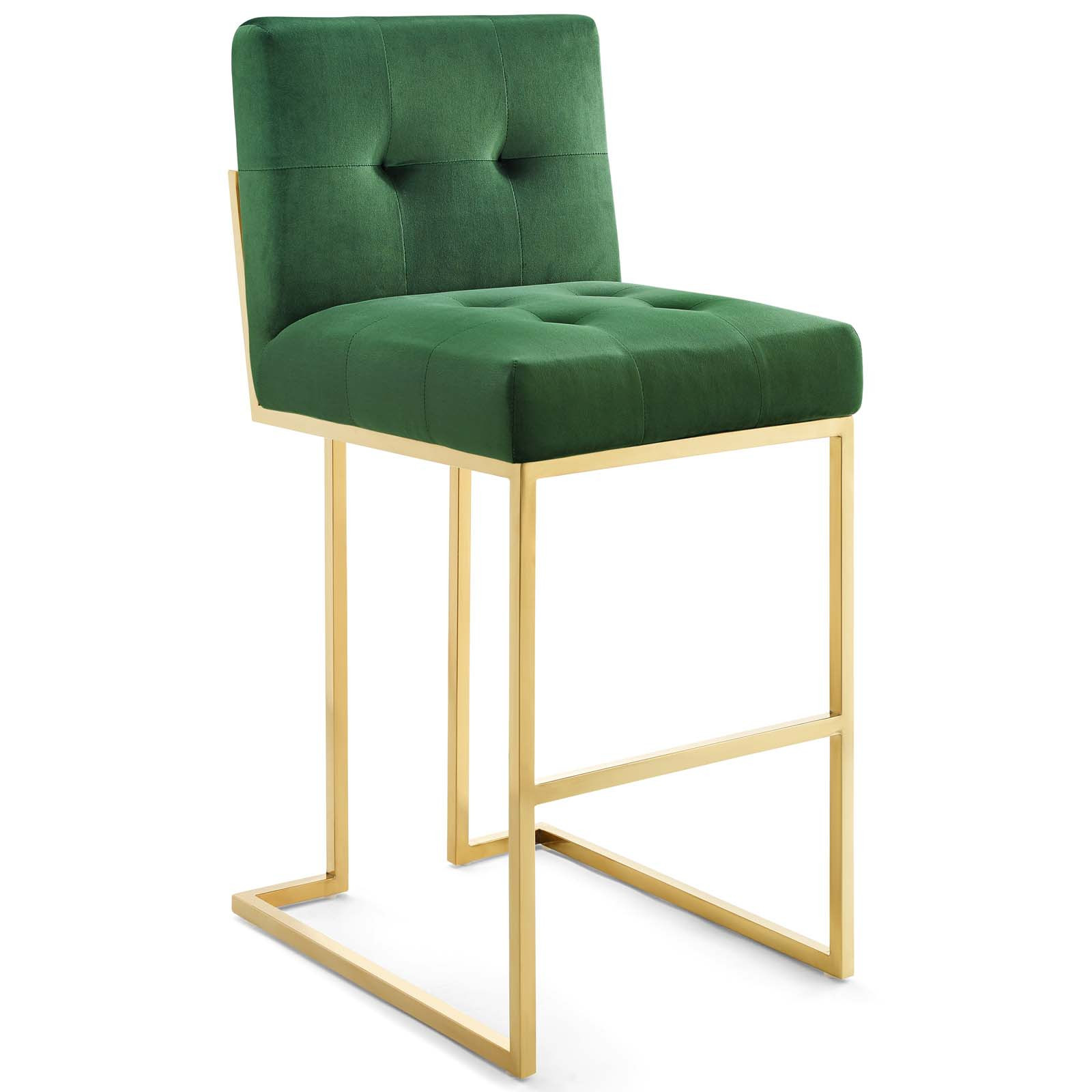 Emerald green performance velvet bar stool with button tufting and gold frame