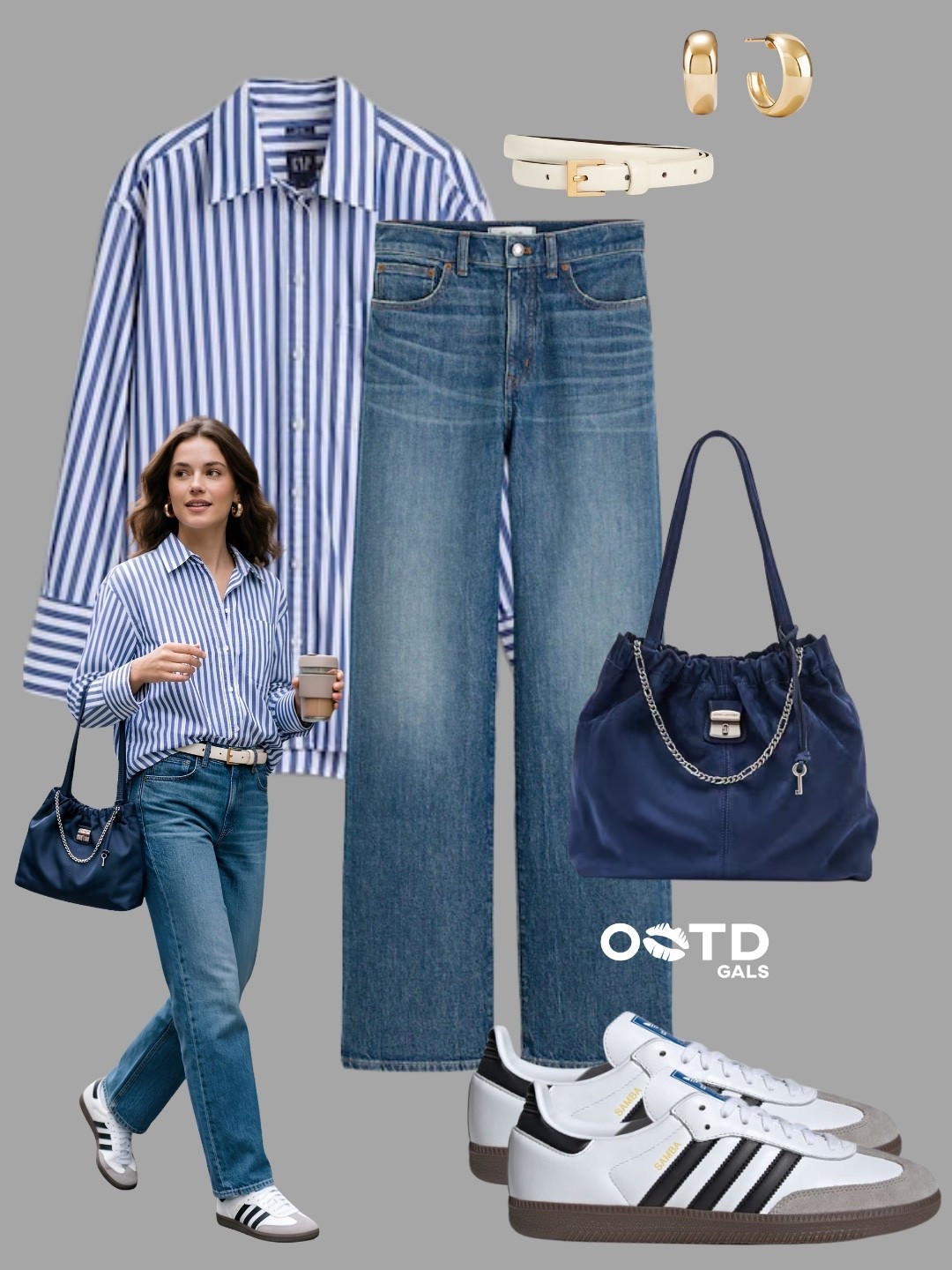 An effortless everyday look that feels classic, clean, and endlessly wearable 💙✨

The blue striped shirt paired with relaxed denim creates the perfect balance between polished and casual.

✨ Style Details:
• Blue and white striped oversized shirt for a timeless relaxed vibe  
• Straight leg medium wash jeans that work with everything  
• White belt adding a crisp fresh contrast  
• Navy shoulder bag with silver chain details for a modern touch  
• Adidas Samba sneakers keeping the outfit cool and comfortable  
• Minimal gold jewelry to softly elevate the whole look  

This is the kind of outfit that works for coffee runs, casual office days, city walks, and everyday errands while still looking effortlessly put together

#LTKsummer #LTKsale #LTKworkwear