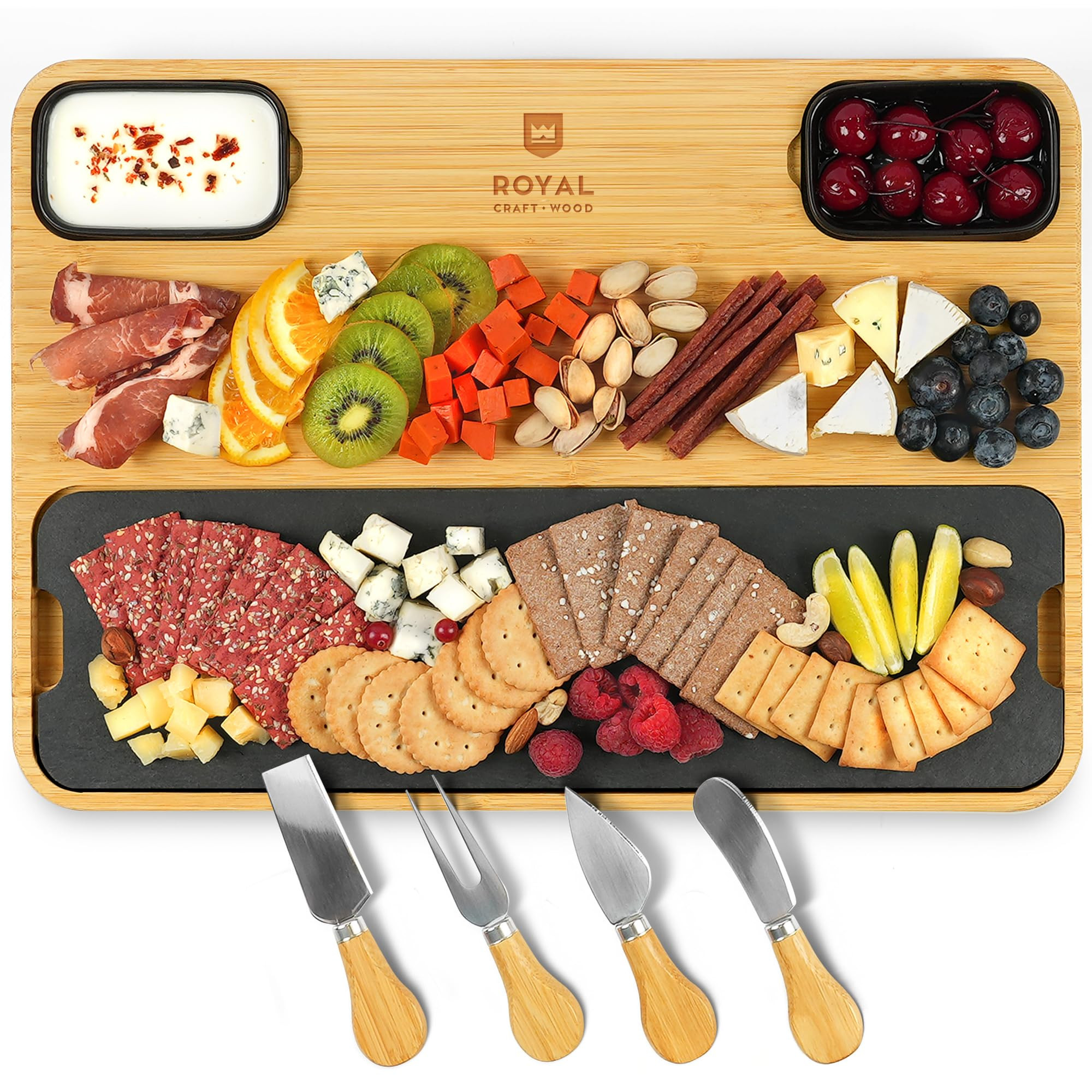ROYAL CRAFT WOOD Extra Large Bamboo Cheese Board and Knife Set - With Slate Plate and Sauce Bowls | Amazon (US)