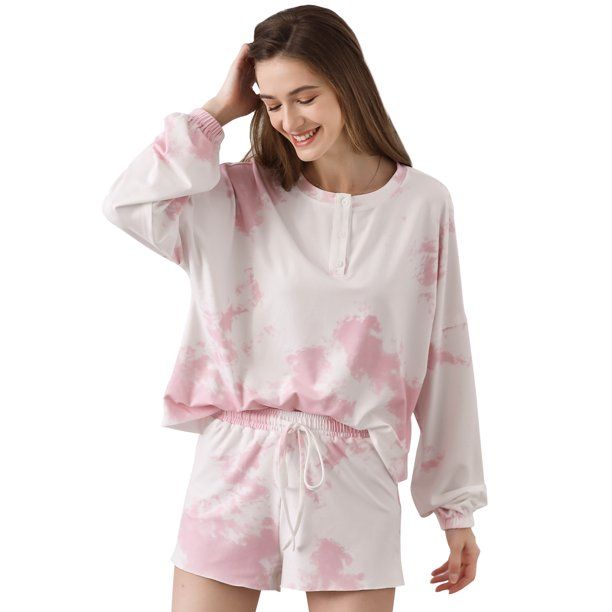 Ever-Pretty Women's Henly Neck Long Sleeve Short Activewear Lounge Set Tie Dye Printed Soft Top a... | Walmart (US)