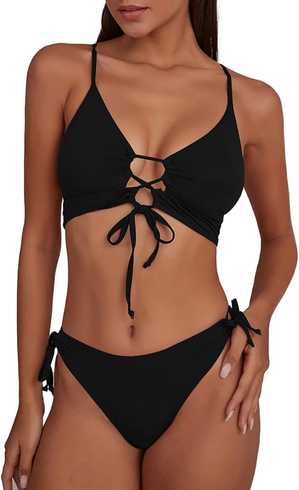 CHYRII Womens Sexy Cutout Bikini Sets Lace Up High Cut Thong Two Piece Swimsuit | Amazon (US)